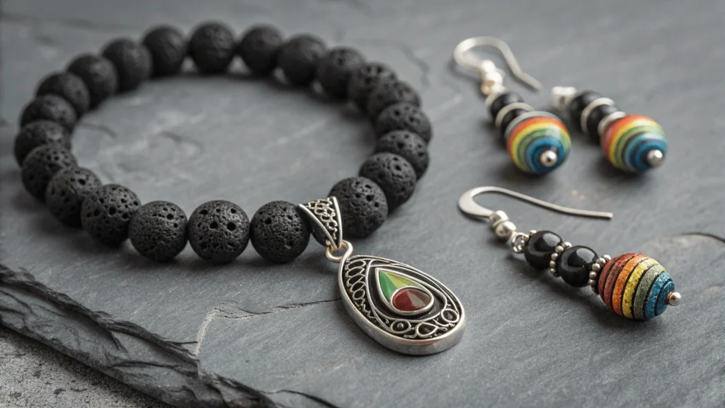 Studio photograph of handcrafted volcanic stone jewelry including black lava bead bracelet, rainbow obsidian pendant, and pumice element earrings.