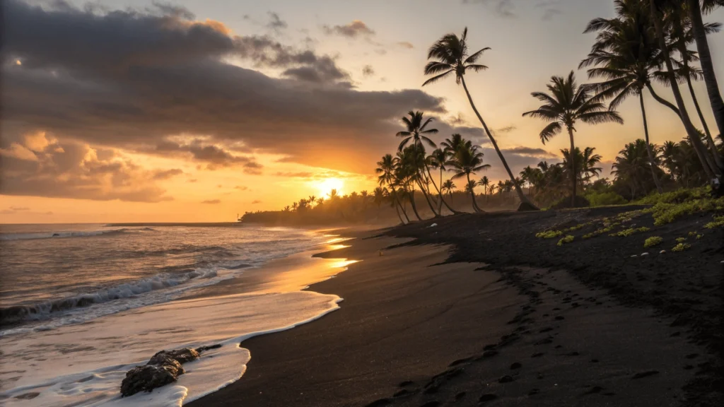 Sunset view of 49 Black Sand Beach with golden light across dark sand and palm tree shadows