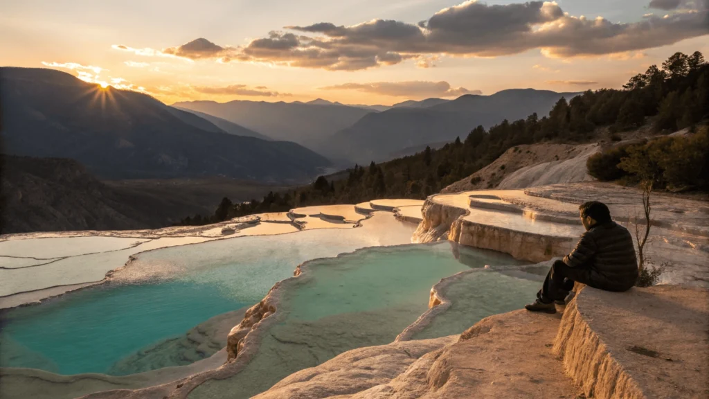 Sunset view of Millpu's turquoise pools with golden light creating warm reflections and a visitor enjoying the tranquil scene.