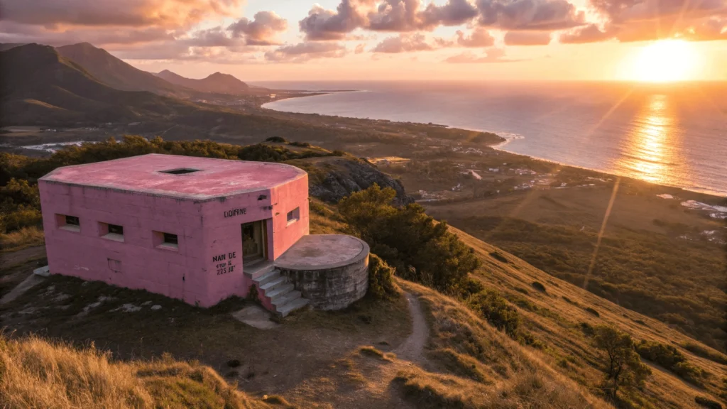 Pink-painted military pillbox on ridge at sunset with golden light across Waianae coastline