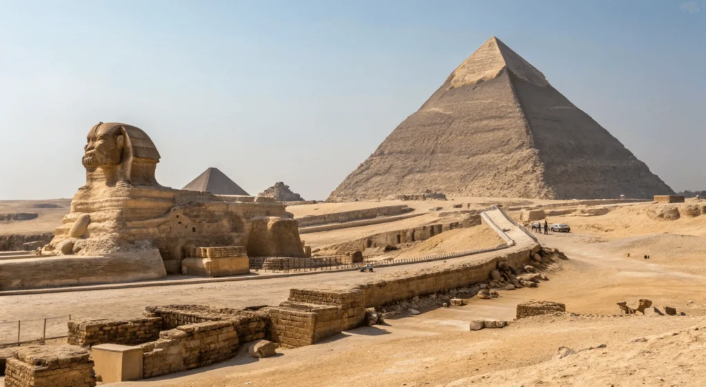 Detailed cross-section diagram of the Great Pyramid showing internal chambers, passages, and construction proportions