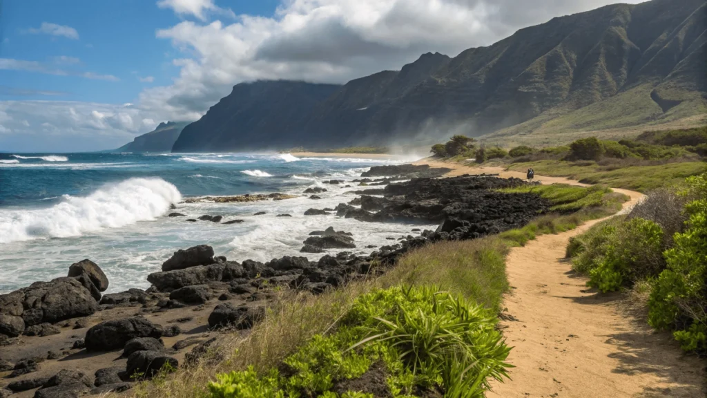 Rugged undeveloped coastline at Ka'ena Point with volcanic rocks, waves, and monk seal on distant beach