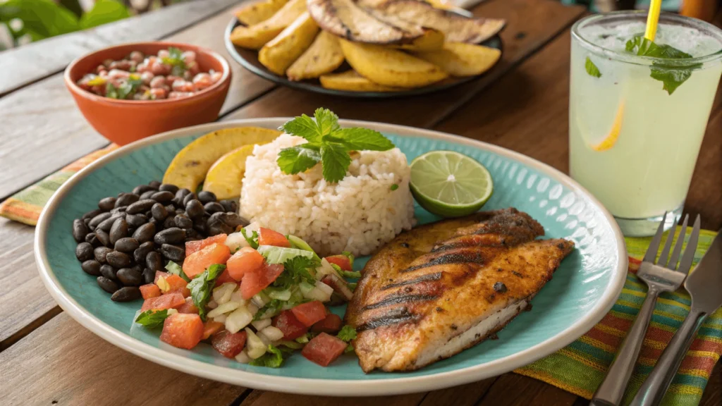 Overhead view of traditional Costa Rican casado plate with rice, beans, plantains, salad, fresh local fish, and pico de gallo on wooden table with tropical fruit drink