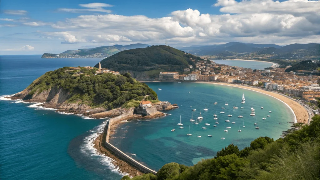Aerial view of San Sebastián showing La Concha beach's perfect crescent, blue waters, island, and old town with terracotta roofs
