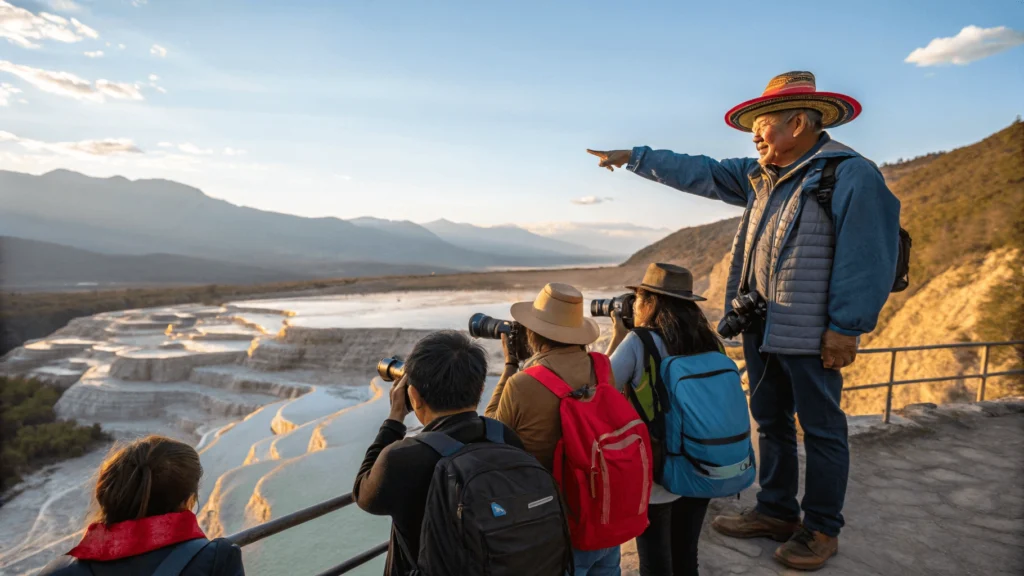Tour guide explaining features of Millpu to a small group of international tourists at a scenic viewpoint.