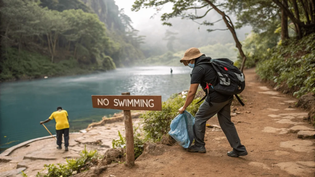 Visitor staying on marked trail at Millpu with "No Swimming" signage visible, demonstrating proper conservation behavior.