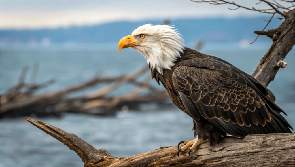 Close-up portrait of bald eagle with detailed feathers and intense yellow eye perched on branch