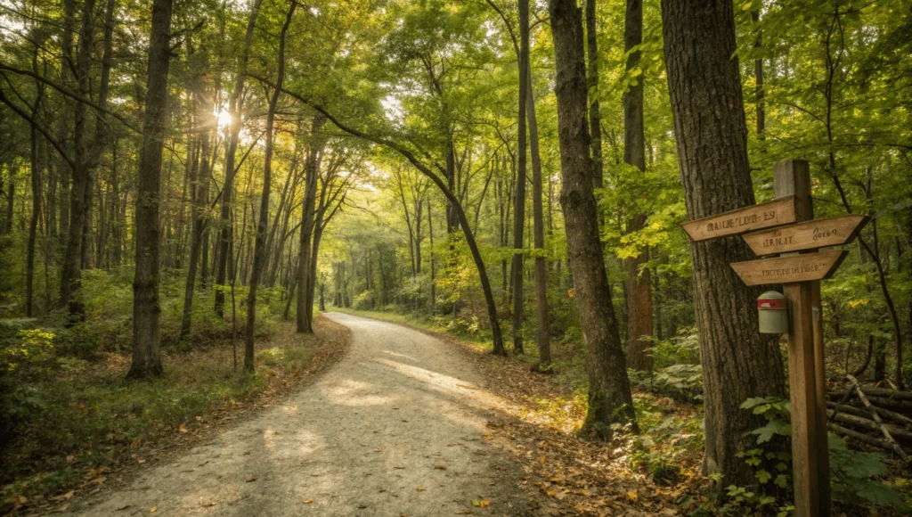 Sunlight filtering through trees onto woodland trail with trail marker sign at Bay Beach Wildlife Sanctuary