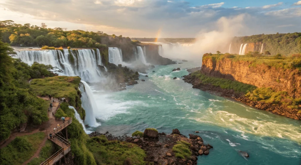 Panoramic view of Iguazu Falls showing the massive horseshoe-shaped Devil's Throat with turquoise water cascading over cliff edges creating dramatic mist and rainbows "large waterfalls nyt"