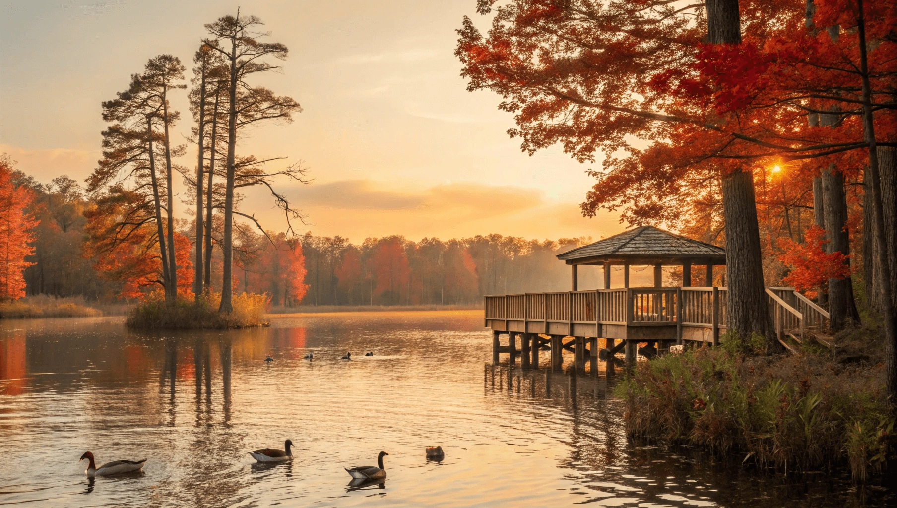 Scenic view of Bay Beach Wildlife Sanctuary's main lagoon at sunset with waterfowl and fall foliage reflections