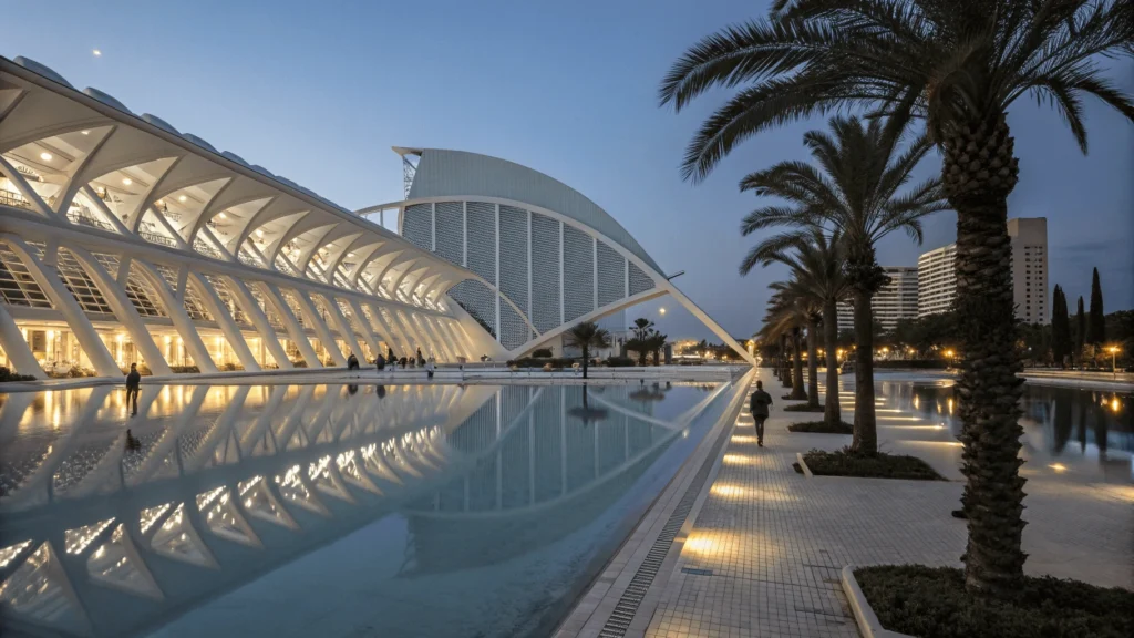 Futuristic white structures of Valencia's City of Arts and Sciences illuminated at blue hour with reflections in surrounding water