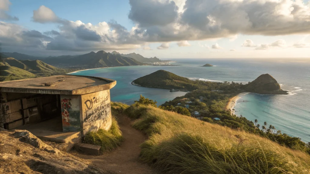 View from Lanikai Pillbox overlooking turquoise waters and Mokulua Islands offshore