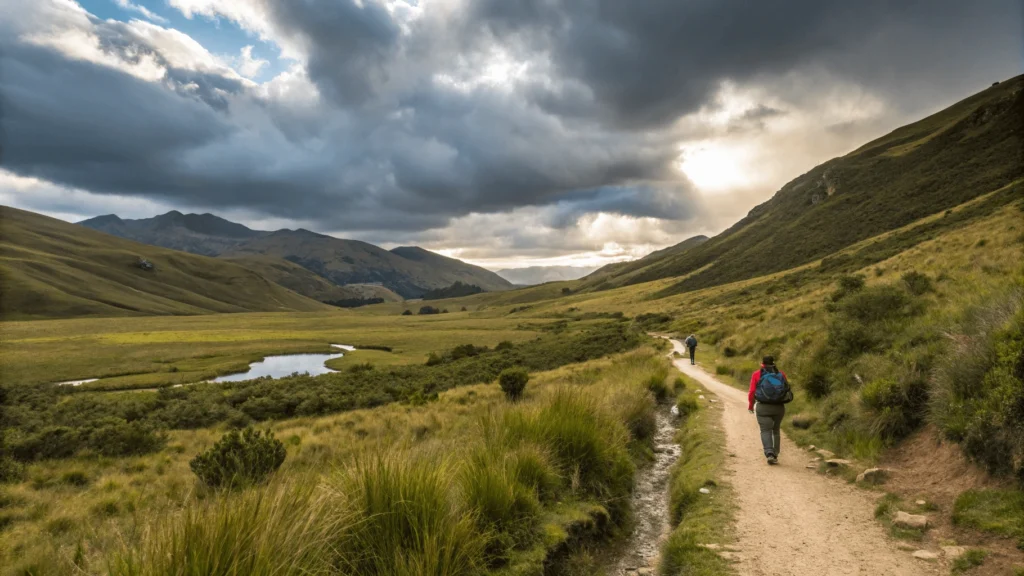 Walking path from Circamarca village leading toward the turquoise pools of Millpu with Andean mountains in the background.
