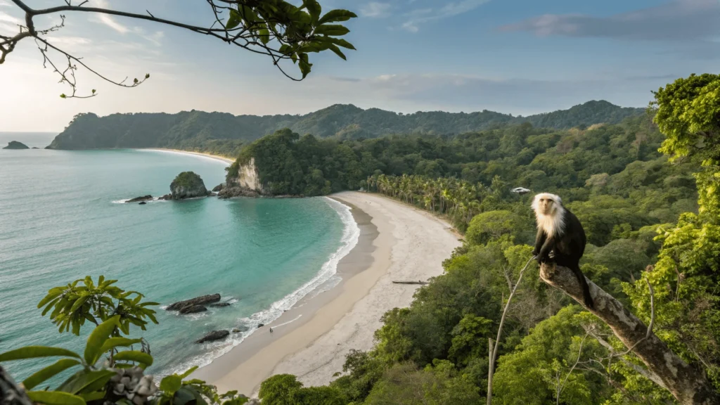 Wide-angle view of Manuel Antonio's main beach with white sand meeting jungle, featuring a white-faced capuchin monkey on a branch and Cathedral Point in the background