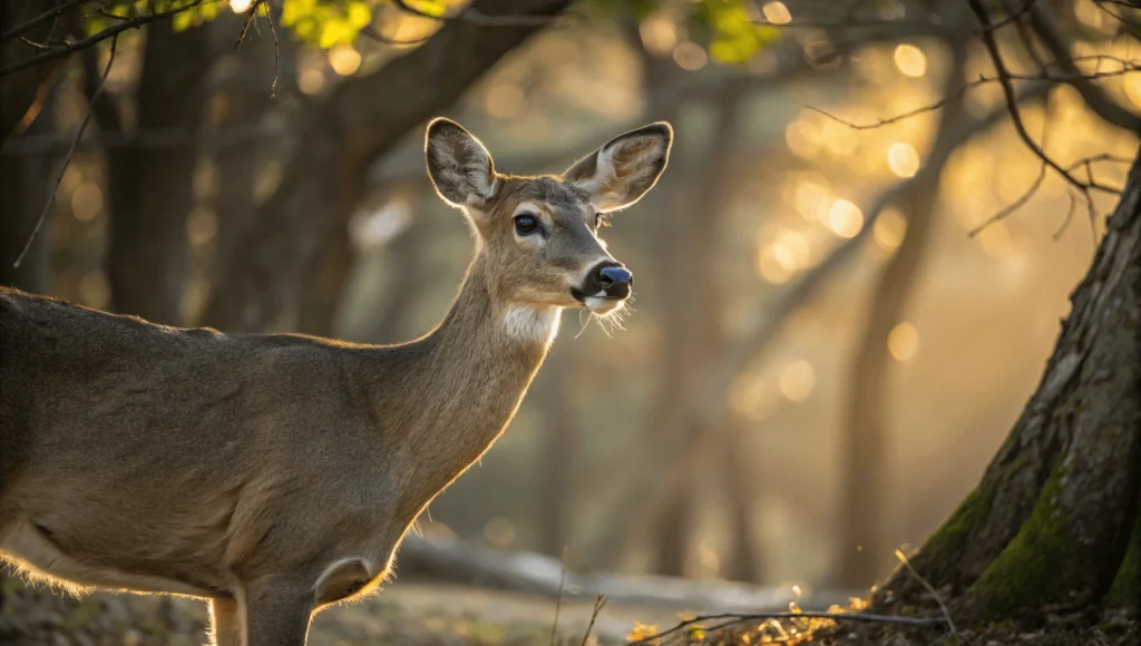 "Close-up of white-tailed deer in dappled forest light at Bay Beach Wildlife Sanctuary