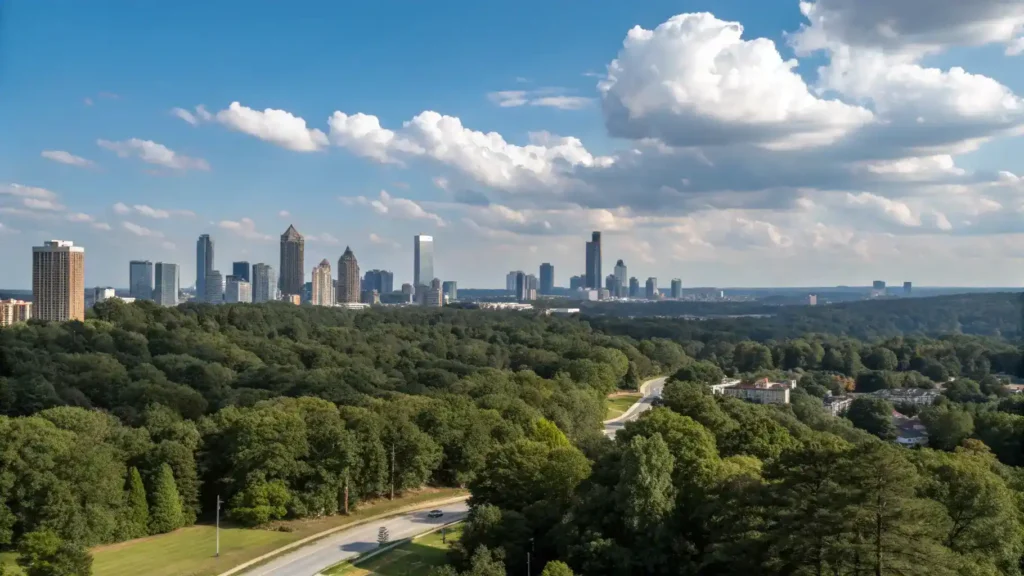 A high viewpoint of Atlanta showing the skyline and natural surroundings, with a clear sky.