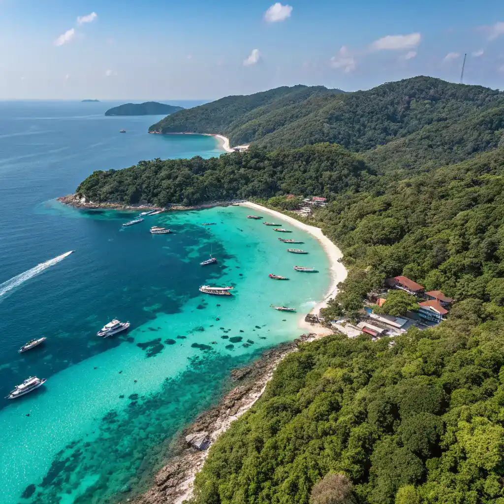 Aerial view of the Perhentian Islands with turquoise waters and sandy beaches, showcasing the natural beauty of the destination.