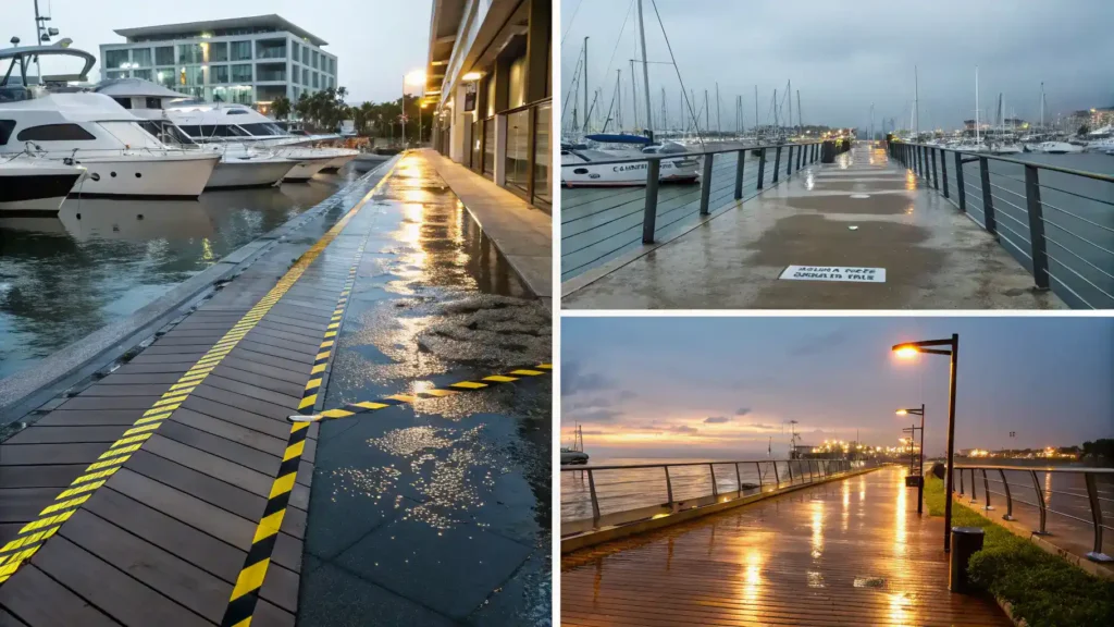 A collage of slip and fall hazards including wet surfaces, uneven walkways, and poor lighting, relevant to West Palm Beach.
