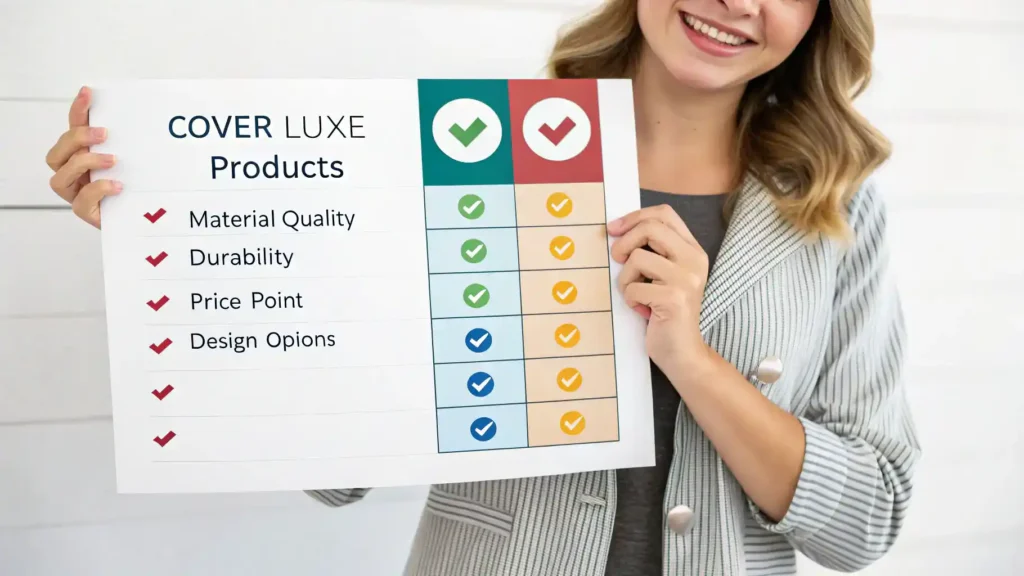A comparative visual chart showcasing Cover Luxe products against competitors, highlighting key features and benefits.