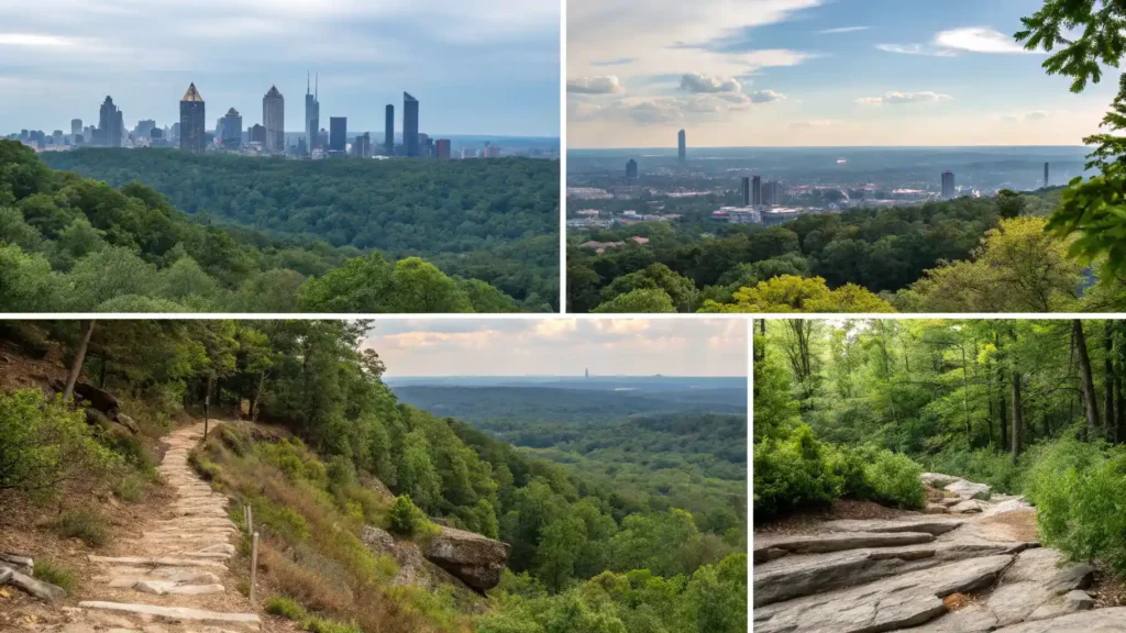 Collage of scenic views from various hiking trails in Atlanta, featuring the skyline and nature.