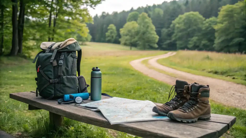A well-organized hiking gear setup on a picnic table, with a backpack, water bottle, map, and hiking boots in a forest setting.