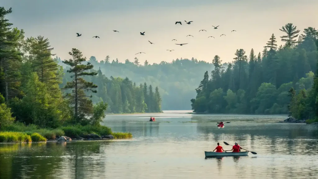 A tranquil lake surrounded by greenery, with people kayaking and birdwatching, highlighting nature-related activities near Toronto.