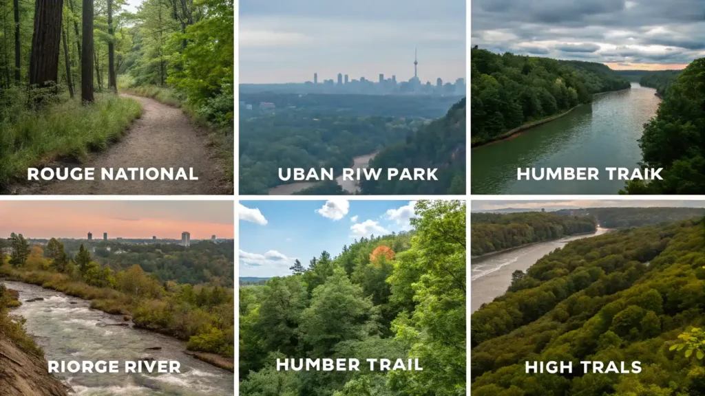 A collage of images depicting different hiking trails near Toronto, highlighting their unique features and scenic beauty.