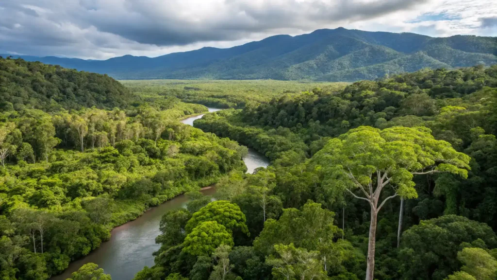 Scenic view of the Daintree Rainforest with a walking trail, dense greenery, and a river flowing through the landscape.