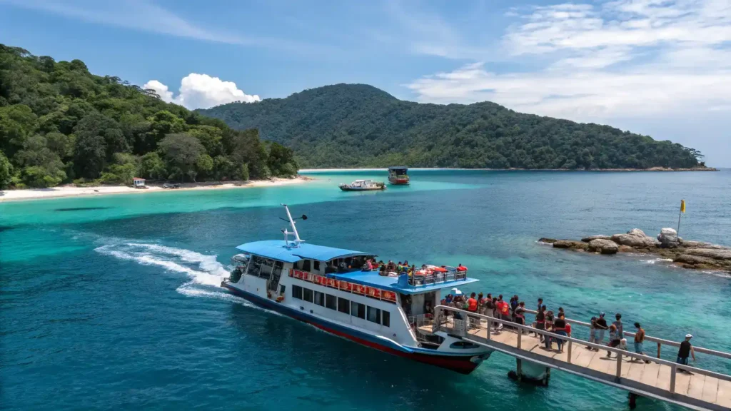 Ferry departing from Kuala Besut Jetty with passengers and the Perhentian Islands in the background.
