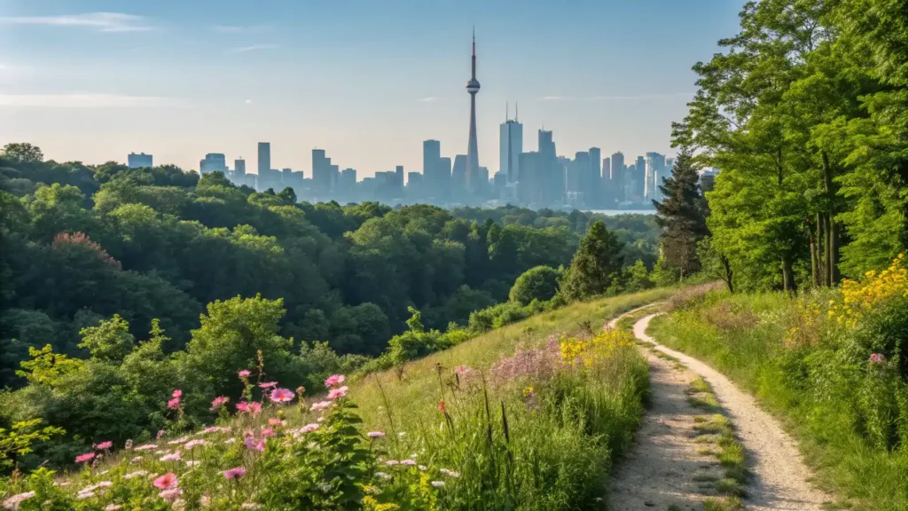 A scenic hiking trail surrounded by lush greenery and wildflowers, with the Toronto skyline in the background.