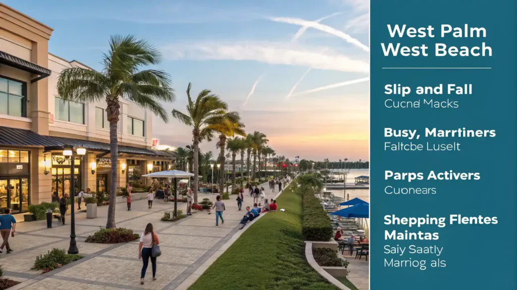 A vibrant community scene in West Palm Beach showing various locations like shopping centers and parks where slip and fall accidents can occur.