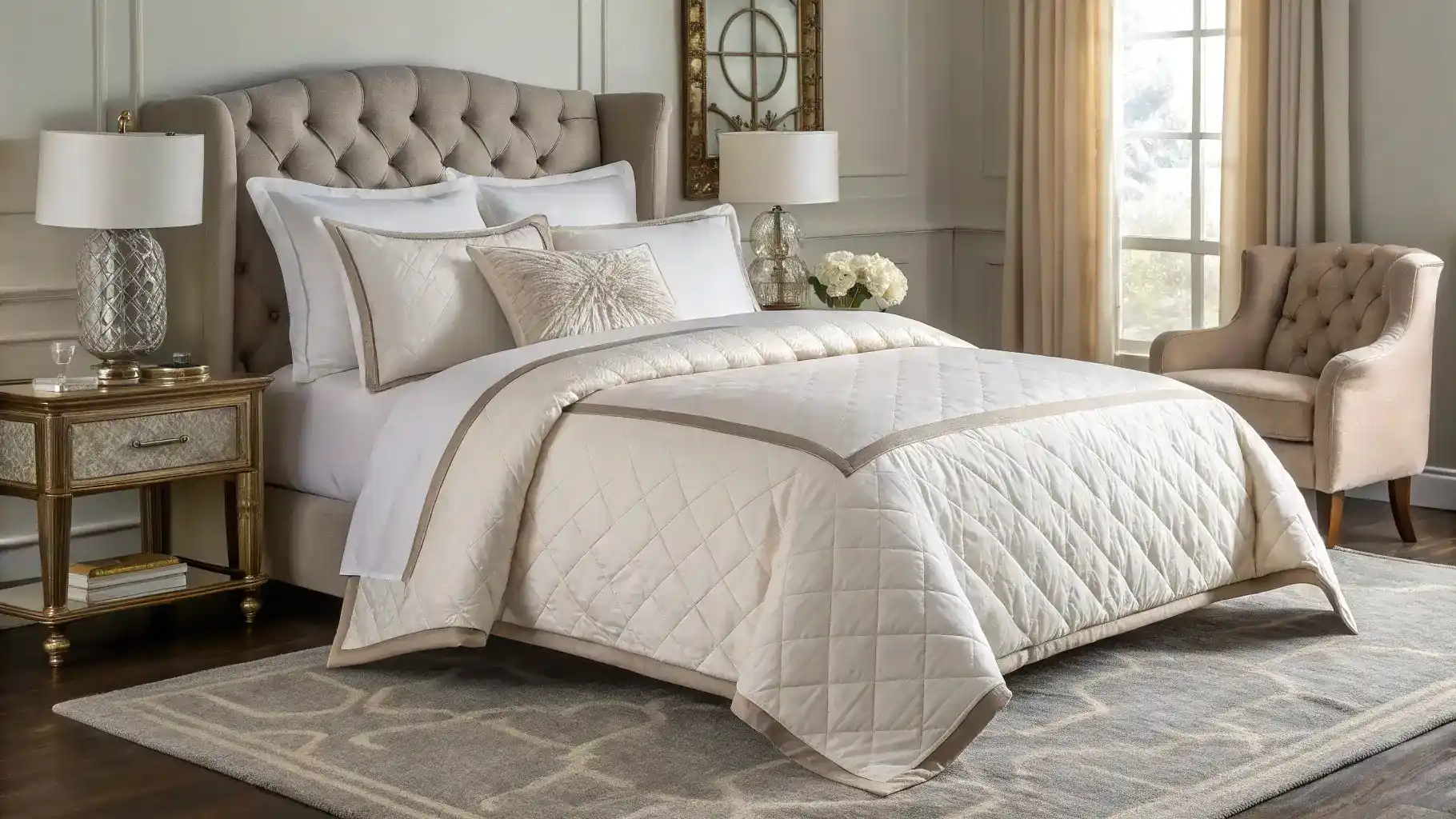 A luxurious bedroom with a beautifully made bed featuring high-quality bedding and protective covers, showcasing elegance and comfort.