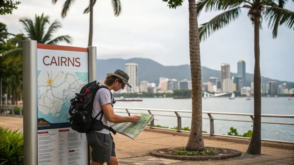 Traveler studying a map of Cairns with the city skyline and palm trees in the background.
