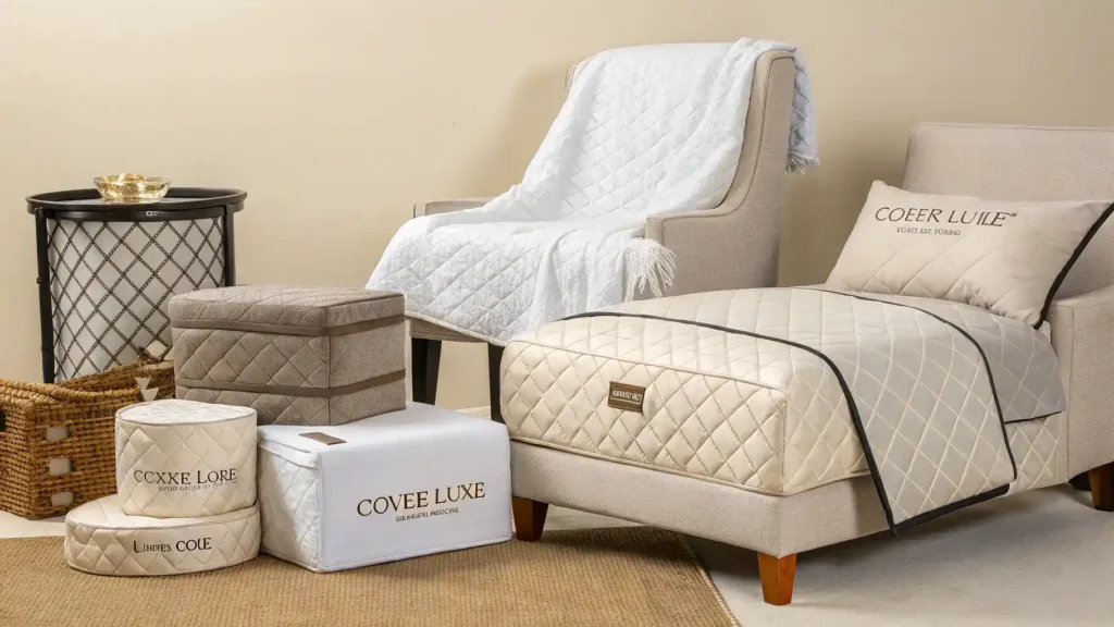 An elegant arrangement of Cover Luxe products including furniture covers, mattress protectors, and duvet covers, highlighting their quality and design.