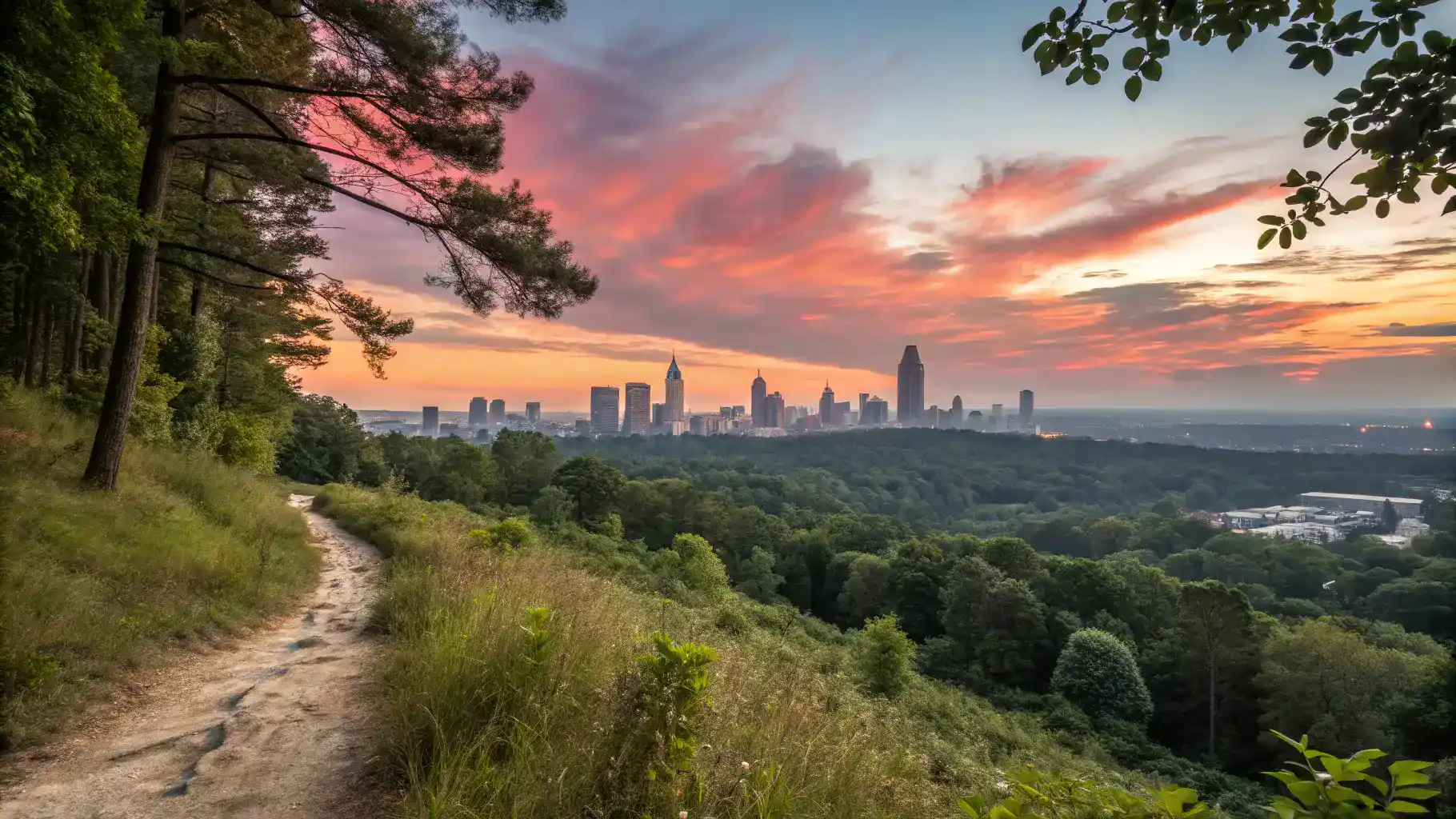 A stunning view of Atlanta's skyline from a hiking trail, surrounded by trees and a colorful sunset sky.