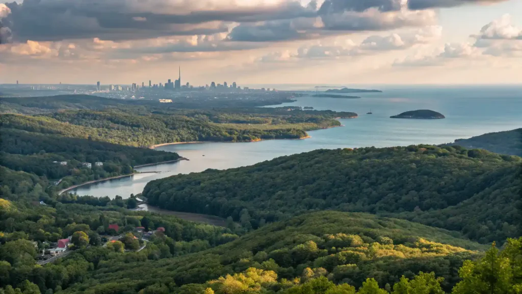A panoramic view showcasing diverse landscapes around Toronto, including forests, waterfronts, and hills.