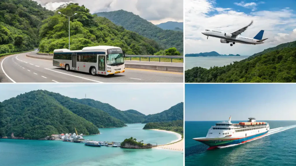 Collage of transportation options including a bus, airplane, and ferry for traveling from Kuala Lumpur to the Perhentian Islands.