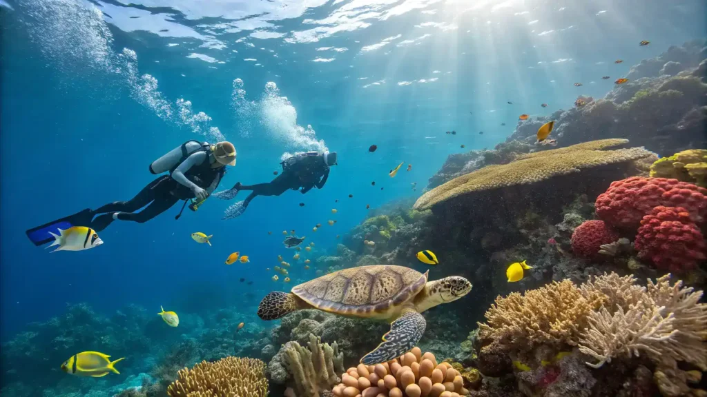 Underwater view of the Great Barrier Reef with colorful corals, tropical fish, and snorkelers exploring the marine life.