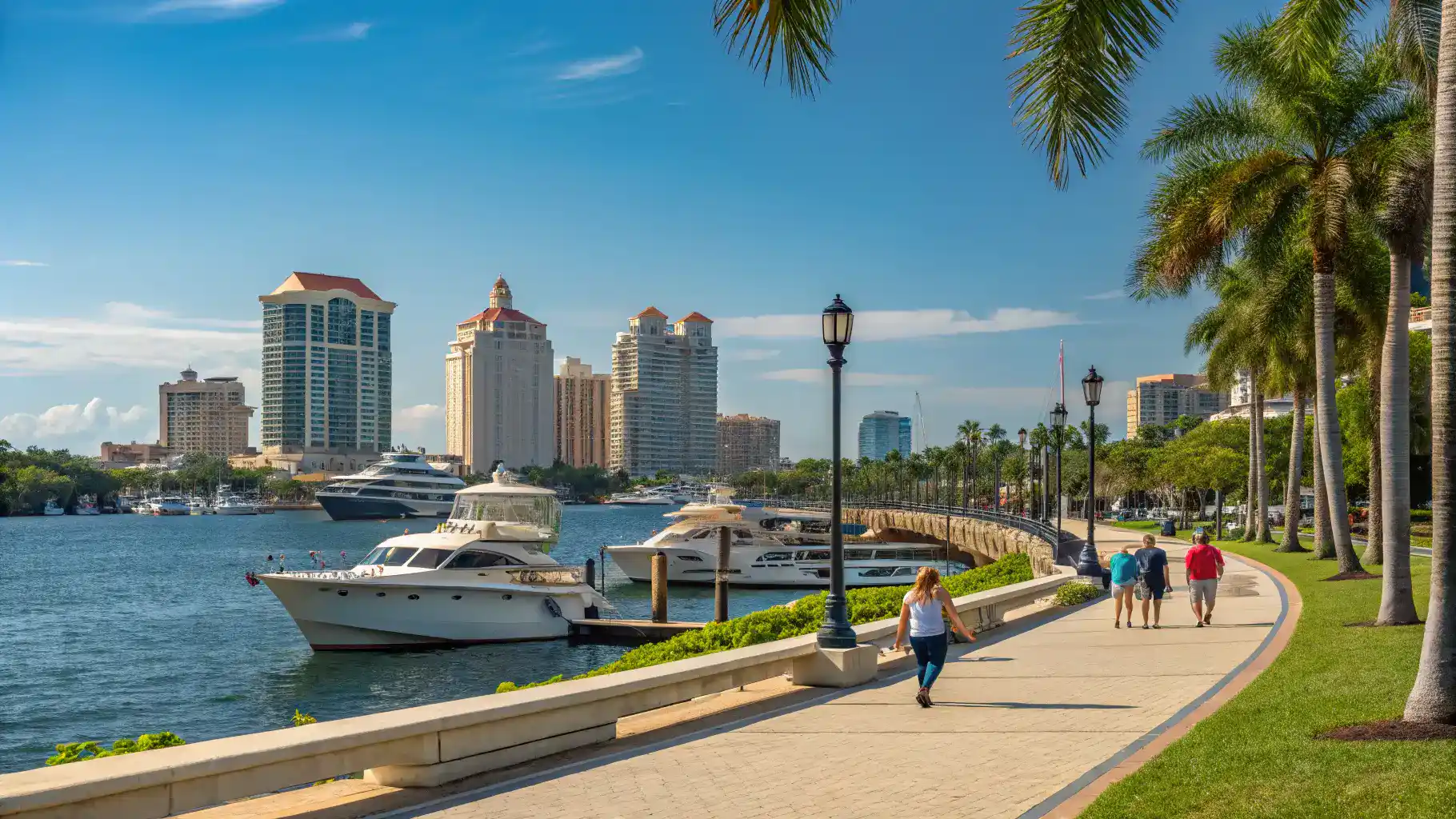 A bustling marina in West Palm Beach with boats, people walking, and a clear sky, representing the area where slip and fall accidents may occur.