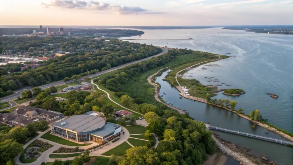 Aerial montage connecting Bay Beach Wildlife Sanctuary to other Green Bay area attractions