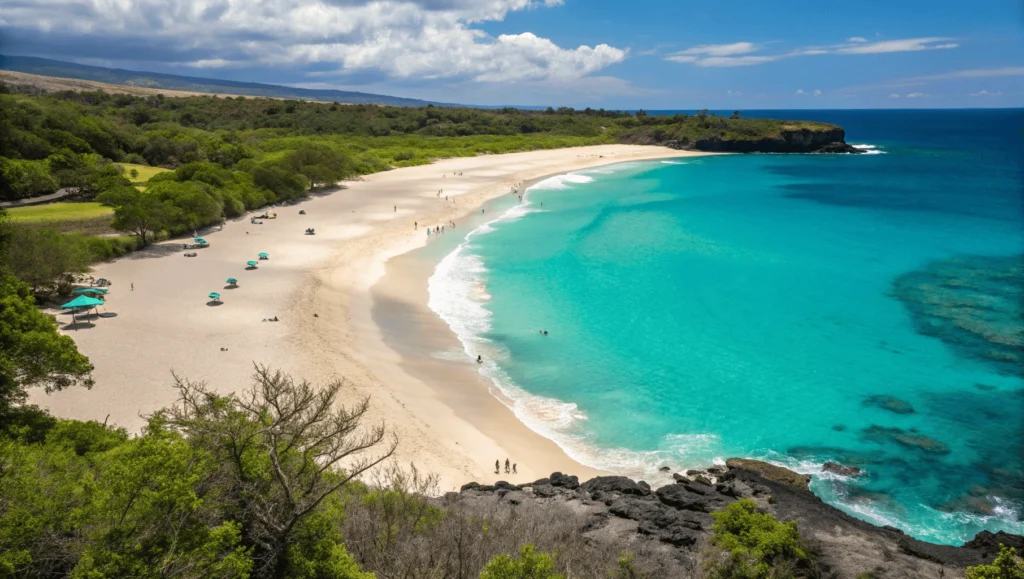 Wide view of Hapuna Beach State Park showing expansive white sand beach, blue waters, and beach facilities