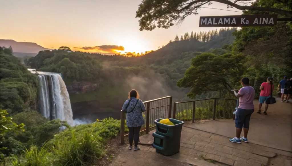  Visitors practicing responsible tourism at Wailua Falls viewpoint during sunset