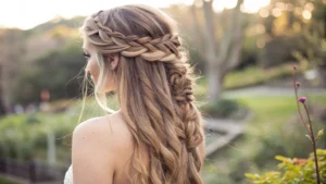 A model with a stunning waterfall braid, featuring intricate weaving and a natural garden background.