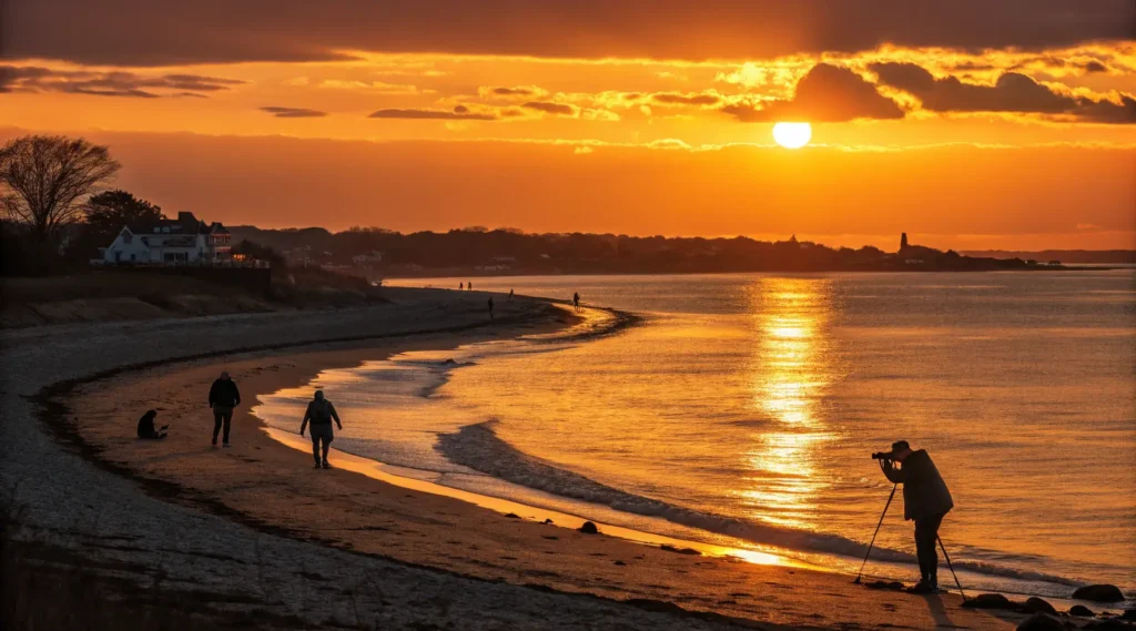 Dramatic orange and purple sunset over Buzzards Bay viewed from Old Silver Beach with silhouetted beachgoers and reflections on the water.
