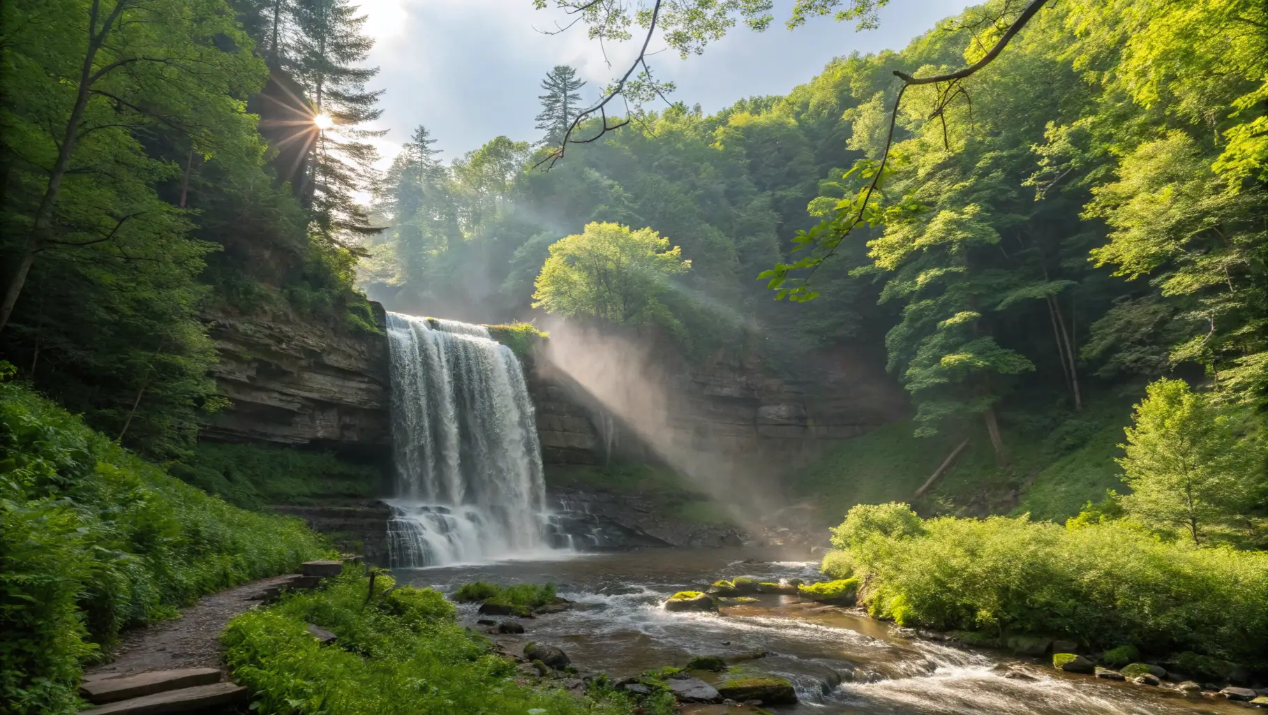 A stunning waterfall in Northeast Pennsylvania, surrounded by vibrant green foliage and sunlight filtering through the trees.