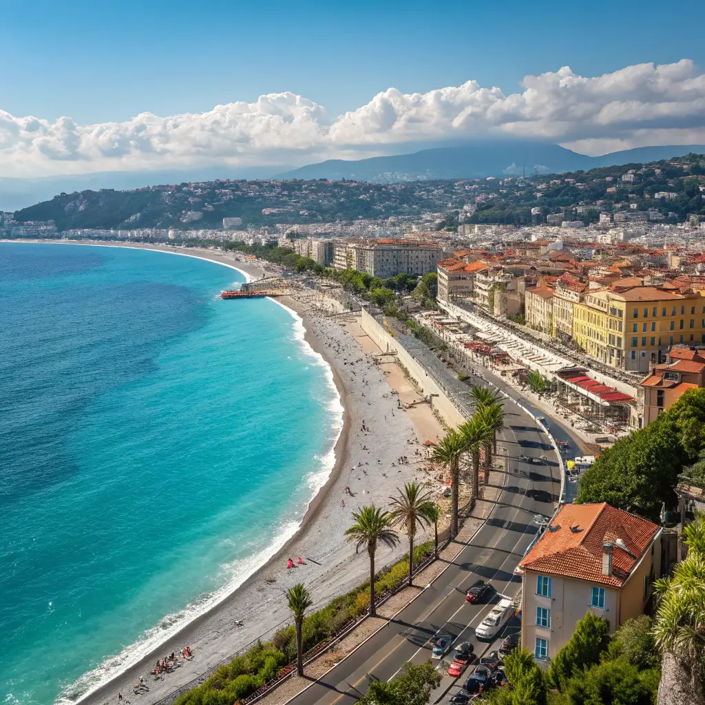 Stunning view of the French Riviera with beaches, azure waters, and the town of Nice, showcasing the best areas to visit in France.