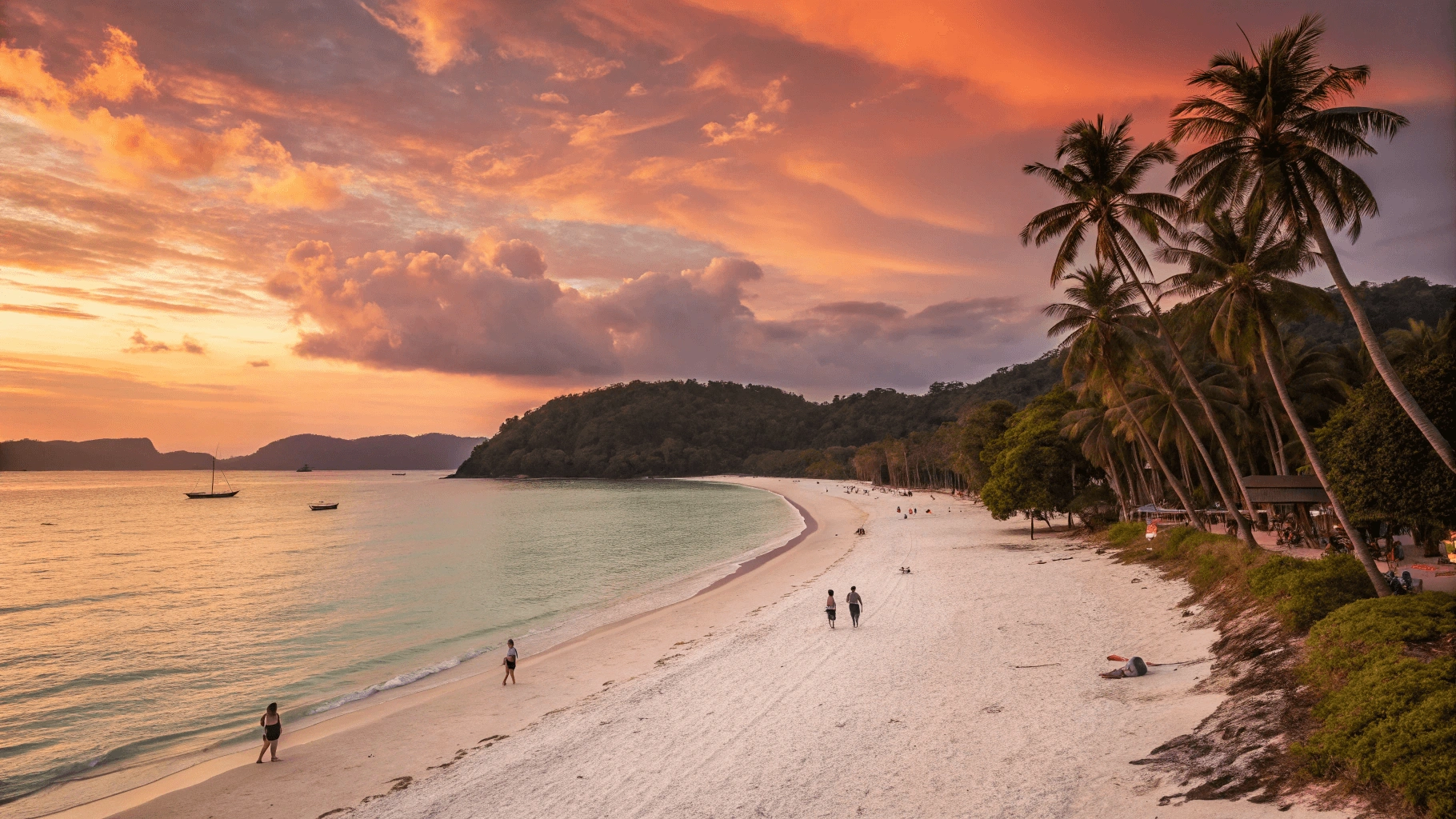 Sunset view of Pantai Cenang beach in Langkawi with turquoise water, white sand, palm trees, and dramatic limestone islands in the distance under a colorful sky.