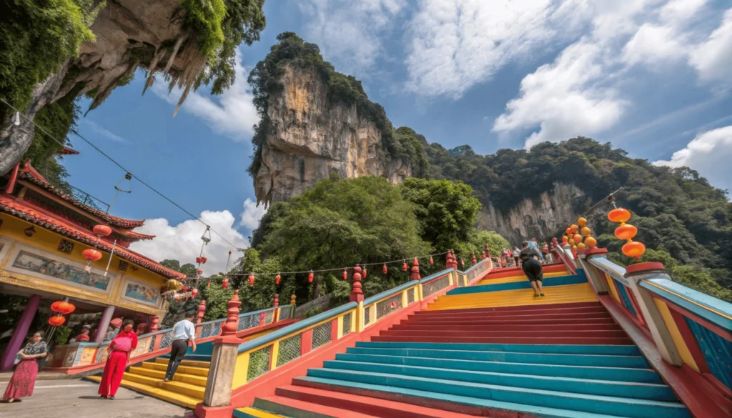 Tourists climbing the colorful steps at Batu Caves in Kuala Lumpur during January's dry weather with blue skies and Chinese New Year preparations visible