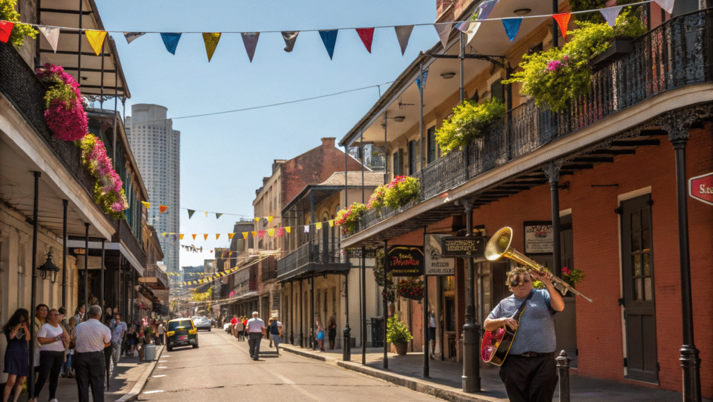 Street performers and festivalgoers in New Orleans during Jazz Fest in May.