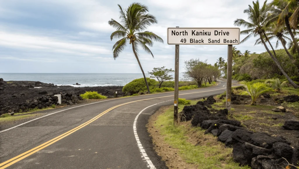 View of the small Beach Access sign marking the turnoff from North Kaniku Drive to 49 Black Sand Beach parking